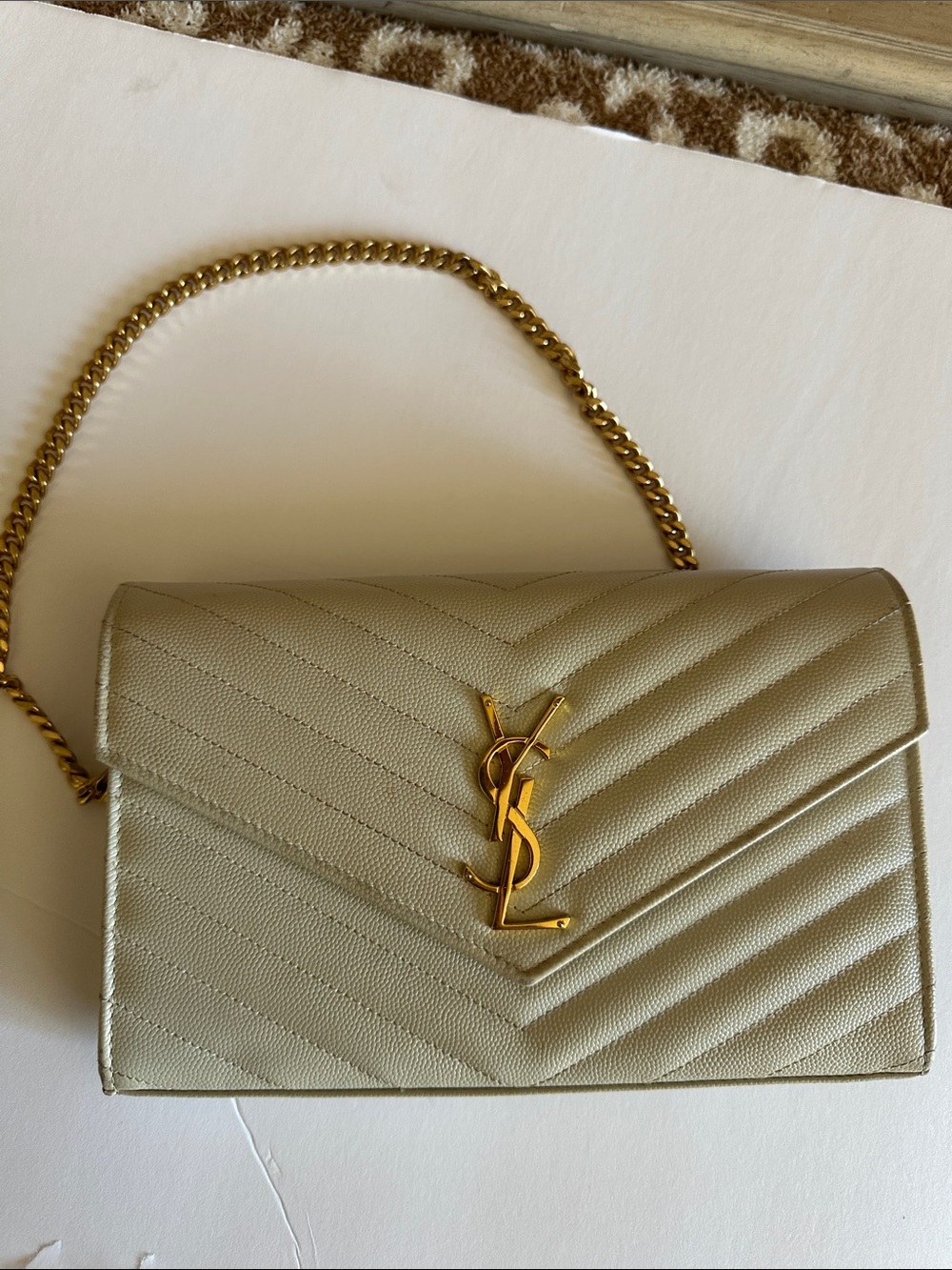 Saint Laurent Beige Quilted Leather Crossbody with Gold YSL Chain